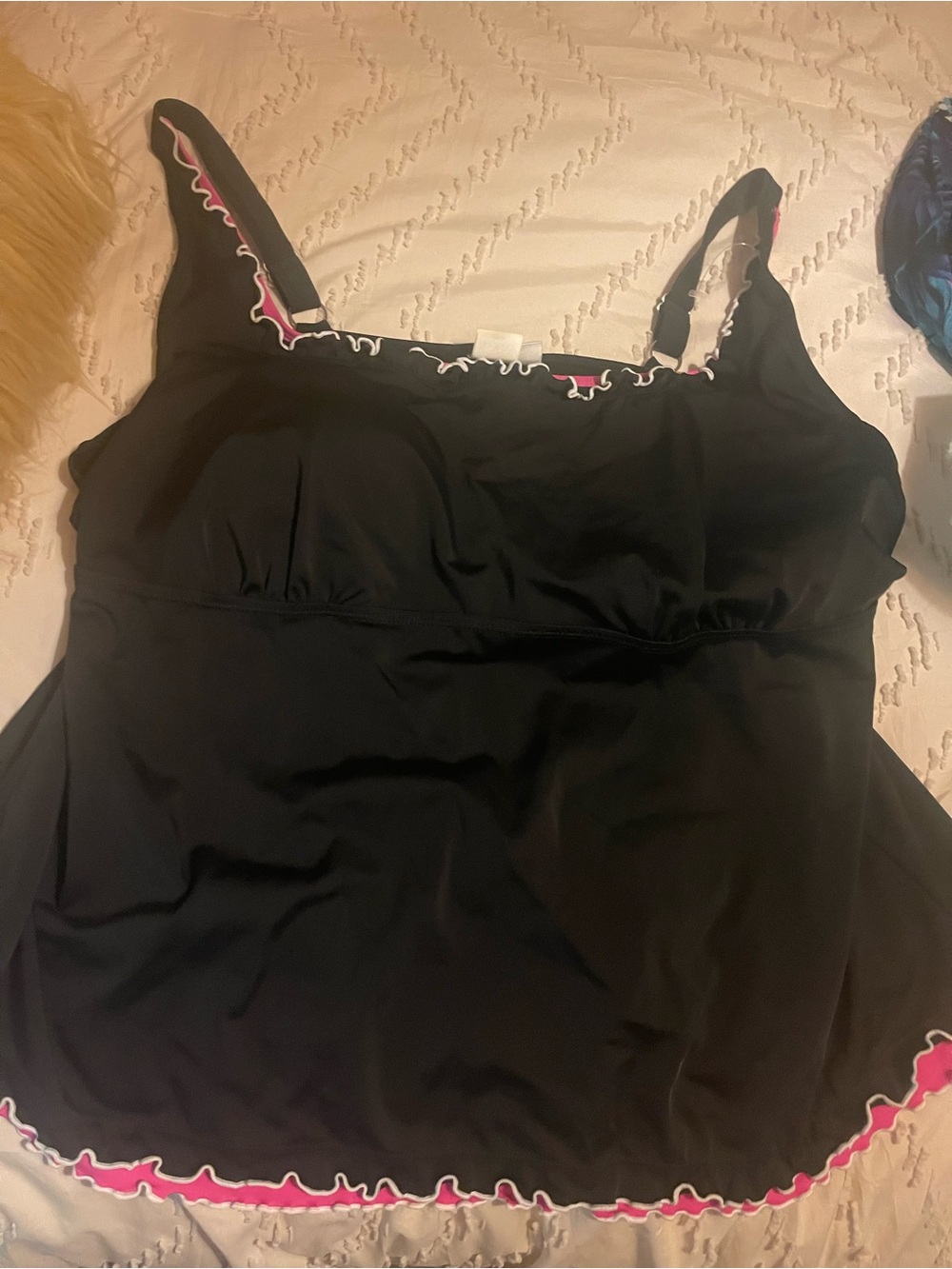 Roaman's Black Swim Tank Top with Pink and White Ruffle Trim